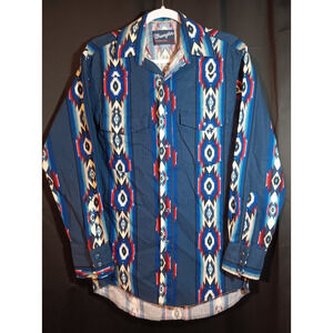 Wrangler Pearl Snap Western Shirt Men Medium Aztec Brushhopper Button Up Thick